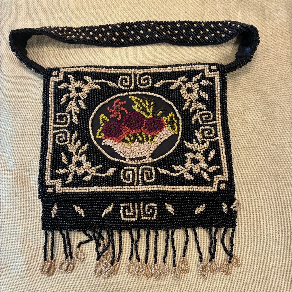 Vintage Black and Cream Beaded Bag with beaded fringe detail by Christiana